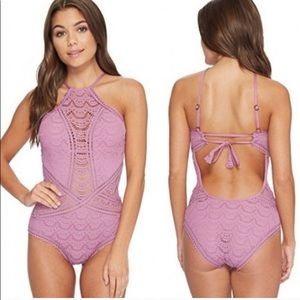 Becca Crochet High Neck Boho One Piece Mauve M
